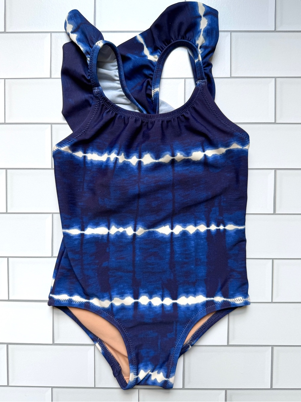 2💙 Crewcuts Girls Blue White Ikat Pattern Flutter Ruffle Crisscross Strap NWT
